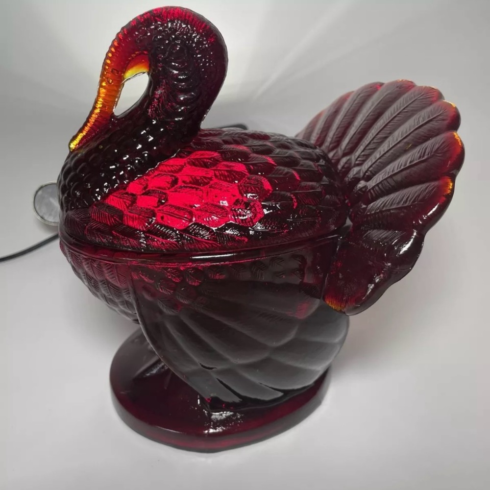 L E Smith Vintage Ruby Red Amberina Glass Turkey Candy Dish